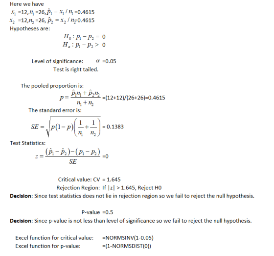 Here we have x1-12, nı =26,P. = x1 / n =0.4615 x2 -12,n2 -26, P22/n-0.4615 Hypotheses are α =0.05 Level of significance Test