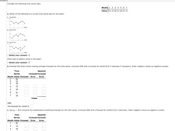 omework Consider the following time series data Month 1 2 3 4 5 6 7 Value 21 14 18 13 18 21 14 a. Which of the following is a