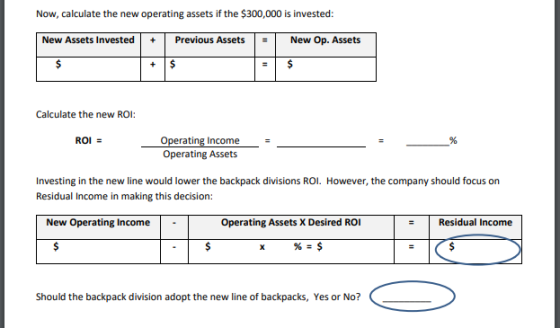 Now, calculate the new operating assets if the $300,000 is invested: New Assets Invested Previous Assets New Op. Assets + Cal