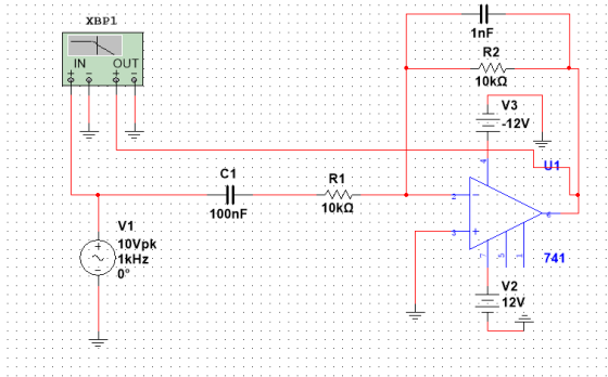 1nF XBP1 R2 IN OUT V3 -12V C1 R1 100nF V1 +10Vpk 1kHz 0° 741 V2 F12V