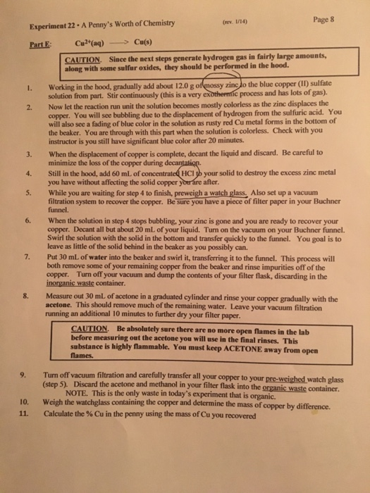 Page 8 Experiment 22 A Pennys Worth of Chemistry Cu(s) Since the next steps generate hydrogen gas in fairly large amounts, C