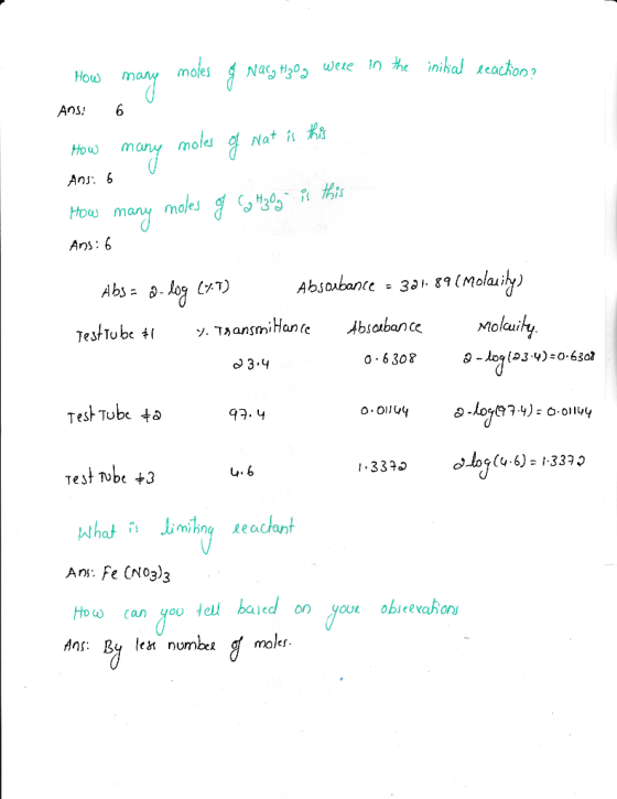 How nm Ans mole a バ How m How many moles Ans: 6 ソ..TAansmi Harfe TestTube 히 Absorbance Mlo cur 0 6308 c) 3.4 Test Tube 4 2.