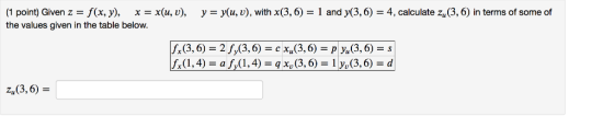 (1 point) Given z = f(x, y), = 4, calculate z (3,6) in terms of some of x = x(u, v), y y(u, v), with x(3, 6) = 1 and y(3,6) t