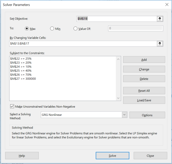 X Solver Parameters $M$19 Set Objective: Min To: 0 Value Of: Max By Changing Variable Cells: $N$13:$N$17 Subject to the Const