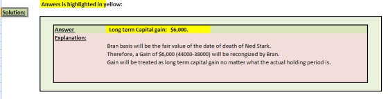 Anwers is highlighted in yellow: Solution: $6,000. Long term Capital gain: Answer Explanation: Bran basis will be the fair va