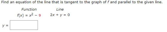 Find an equation of the line that is tangent to the graph of fand parallel to the given line. Function Line 2xy 0 f(x) = x2 -