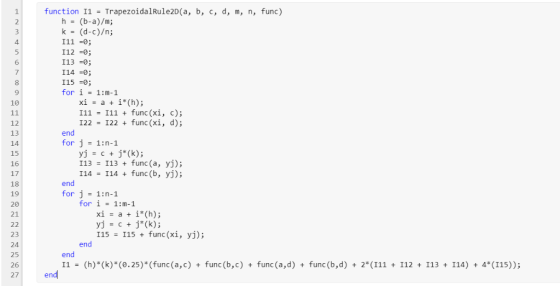 function I1 -TrapezoidalRule2D(a, h = (b-a)/m; k = (d-c)/n; b, d, func) c, m, n, 2 4. 5 I12 -0; I13 -0 I14 -0 6 I150 fori- 1: