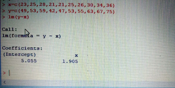 >トc(23, 25, 28, 21, 21, 25,26,30,34,36) s y=c (49, 53, 59,42, 47, 53, 55, 63, 67,75) Call: Coefficients: (Intercept) 5.055 1.