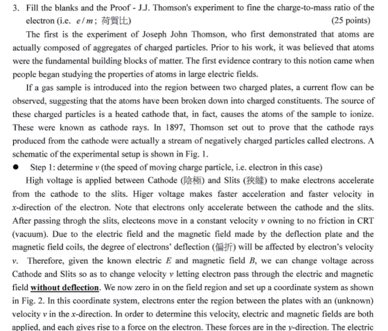 3. Fill the blanks and the Proof - J.J. Thomsons experiment to fine the charge-to-mass ratio of the tt) (25 points) electron