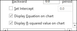 Backward 0.0 period Set Intercept 0.0 Display Equation on chart Display R-squared value on chart