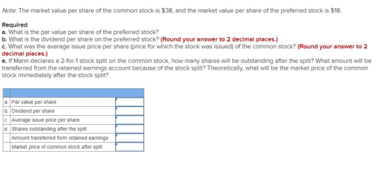 Note: The market value per share of the common stock is $38, and the market value per share of the preferred stock is $18. Re