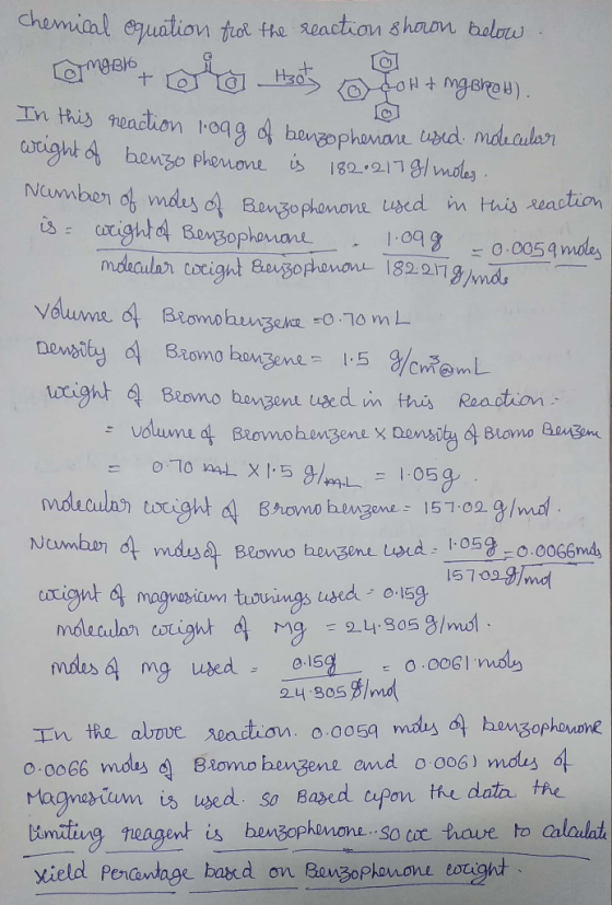 chemical equation tot the Reaction shoon below OHmgBRoH) + In this eadion 1099 d bonzophenone pid mauaular atight benzo Pheno
