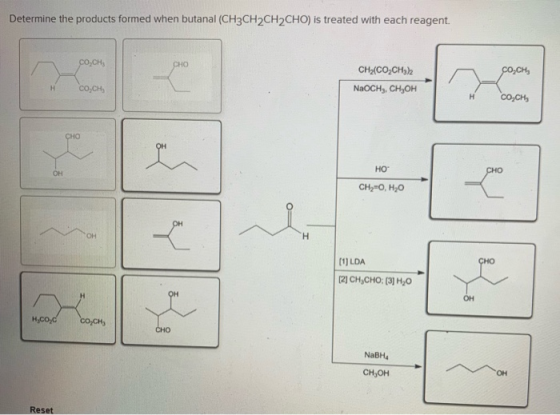 Determine the products formed when butanal (CH3CH2CH2CHO) is treated with each reagent. со сн, CHC0,снъ Cно NaOCH>, CH,он со-