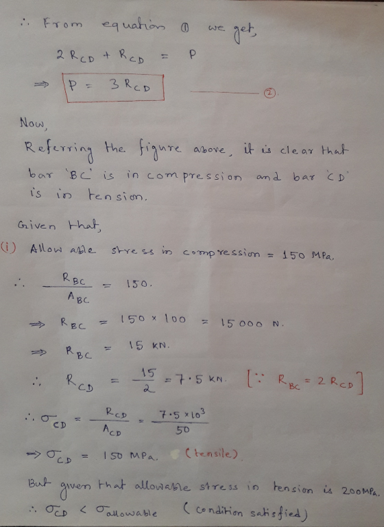 From we eq 2 RCD t C..D 3RCD P Now it is cle aY that the Refering above am d bar CD in com pression bar BC is in tension. is