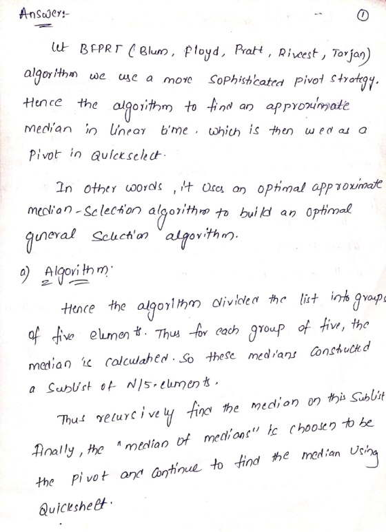 tut BepRT ( Blum, Ployd, Pralt , Rivest , Tarjan) alqoylthm we use a movc SoPhishcated Pivo Hunce the alqoithm to -find an 01