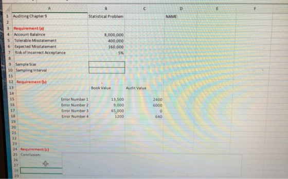 1 Auditing Chapter 9 Statistical Problem 3 Requirement (a) 4 Account Balalnce ,000,000 400,000 160,000 5% 5 Tolerable Misstat