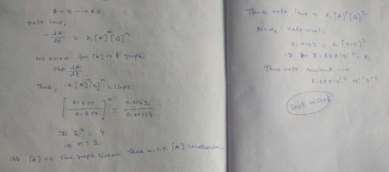 Thus rate as KTAel A t B AG Yate lans, Now, Tate const m K 14 dt 0.0142 [o.4 fore PATS E graph Thus rate Comstant -k Thua slo