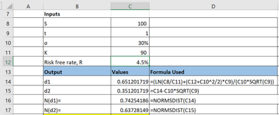 100 9 30% 10 90 4.5% Risk free rate, R 12 Formula Used Values Output 13 0.651201719 (LN(C8/C11)+(C12+C10A2/2) C9)/(C10 SQRT(C