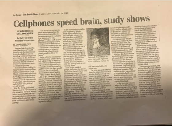 A4 News The Seattle ส mes l wEDNESDAY, FEBRUARY 23, 201 i Cellphones speed brain, study shows HEALTH EFFECTS STILL UNKNOWN Th