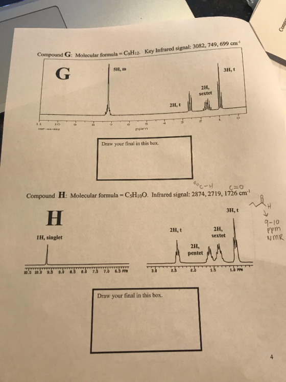 Compound G: Molecular formula = C9H12. Key Infrared signal: 3082, 749, 699 cm 5H, m 3H, t 2H, sextet 2H, t 10 Heoe-ese Pprn D