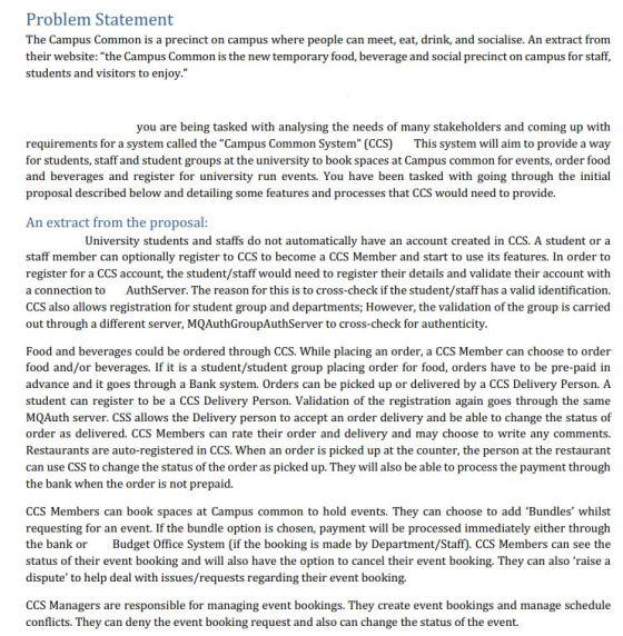 Problem Statement The Campus Common is a precinct on campus where people can meet, eat, drink, and socialise. An extract from