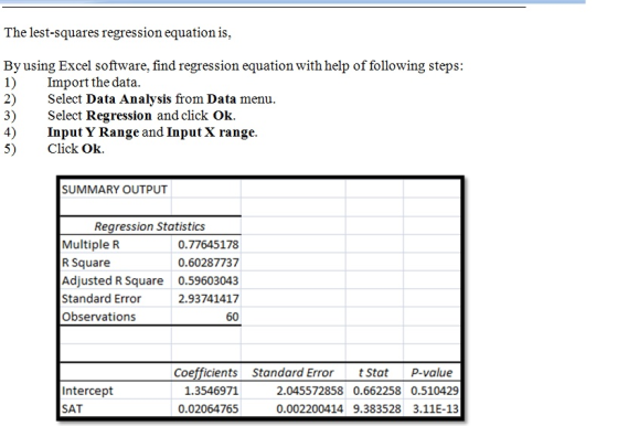 The lest-squares regression equation is By using Excel software, find regression equation with help of following steps: 1) 2)