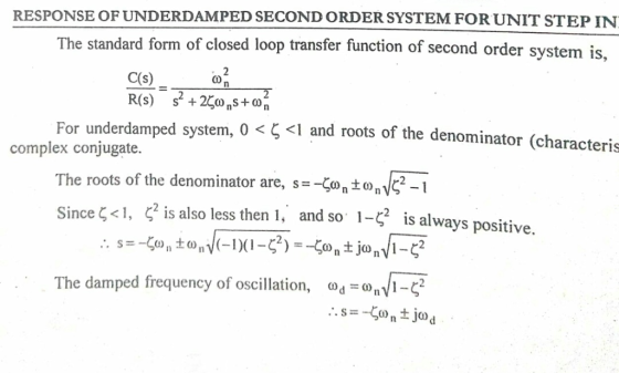 RESPONSE OFUNDERDAMPED SECONDORDERSYSTEM FOR UNIT STEP IN The standard form of closed loop transfer function of second order
