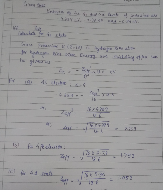 Civeu that 4.339 eV)-2.73 ev andー0.94 eV ike aton Enurry wh shiel ding 2 16ーすすす ОТ 2.259 zeff for 44 stotr 16 x0.9 ニー1.052