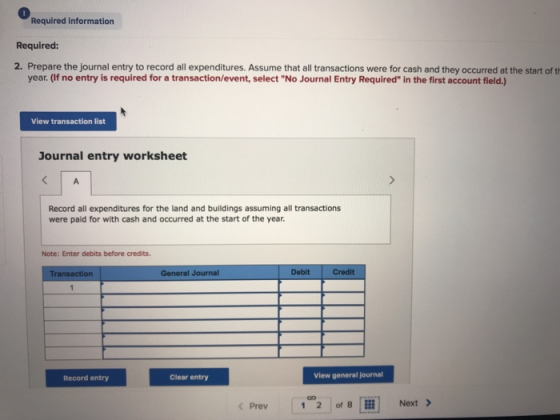 0 Required information Required 2. Prepare the journal entry to record all expenditures. Assume that all transactions were fo