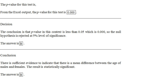 The p-value for this test is, From the Excel output, thep-value for this test is 0.000 Decision The conclusion is that p-valu