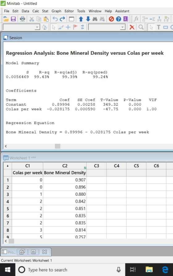 aMinitab Untitled File Edit Data Calc Stat Graph Editor Tools Window Help Assistant X Q Session Regression Analysis: Bone Min