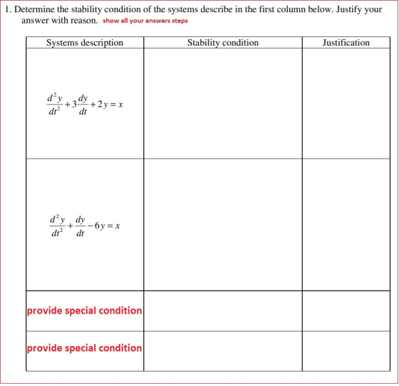 1. Determine the stability condition of the systems describe in the first column below. Justify your answer with reason. show