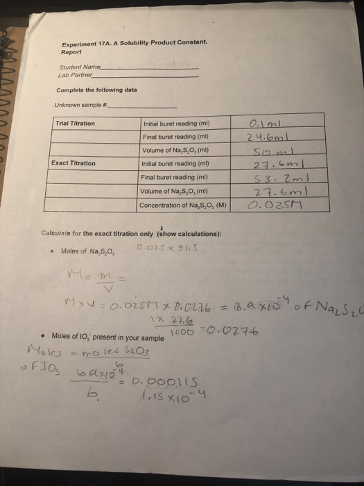 Experiment 17A. A Solubility Product Constant Report Student Name Lab Partner Complete the following data Unknown sample # Tr
