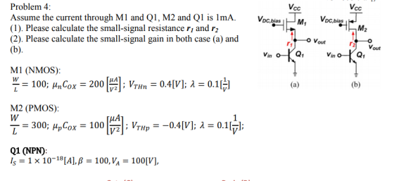 Problem 4 Assume the current through M1 and Q1, M2 and Q1 is lmA.Voc.bias (1). Please calculate the small-signal resistance r