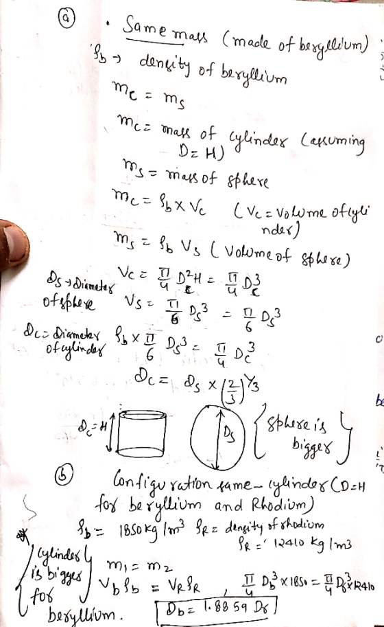 Same e ma mace ot bexglelum) donyiby of beryllivn - ms mc: maм of Cylindox Canuming Dz H) mas of sthere Vc Volume ofyl ndar)