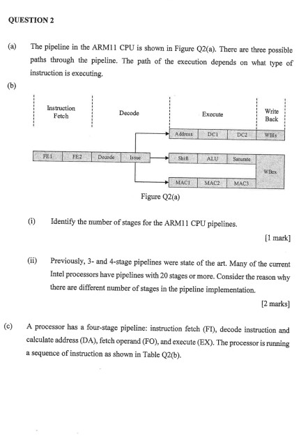 QUESTION 2 The pipeline in the ARMI1 CPU is shown in Figure Q2(a). There are three possible (a) paths through the pipeline. T