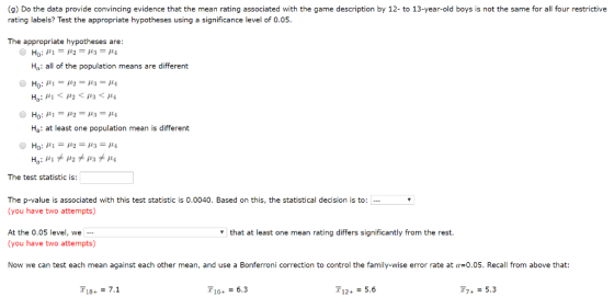 (9) Do the data provide convincing evidence that the mean rating associated with the game description by 12- to 13-year-old b