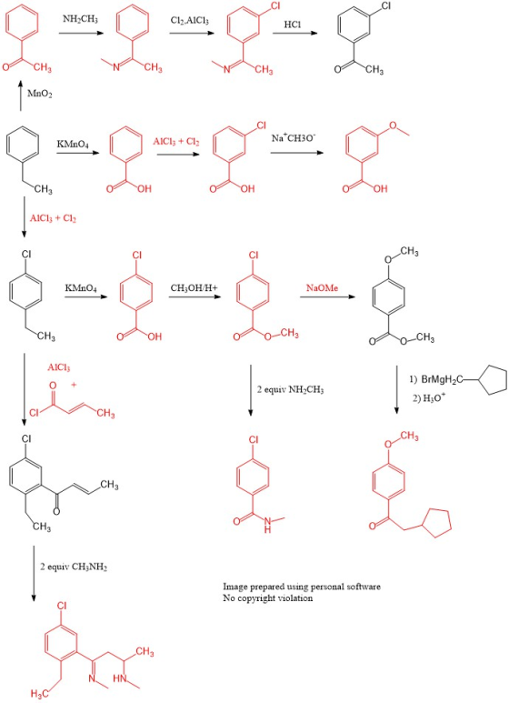 NH2CH3 C12-AlCl3 HC1 MnO2 Na CH30 AlCl3 Cl KMnO4 он он AICls + Ci2 CH CI CI KMnO4 NaOMe он AlCl 1) BrMgH2 2 equiv NH CH3 2) H