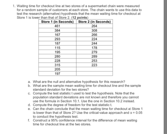 1. Waiting time for checkout line at two stores of a supermarket chain were measured for a random sample of customers at each