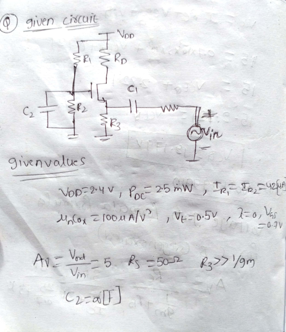 given ciscuie Nop SARD P3 givenvalues VOD 24VP25 mW e Te2 VED.5V -0, 0.7V AvE 5 RS50- 9m Vin