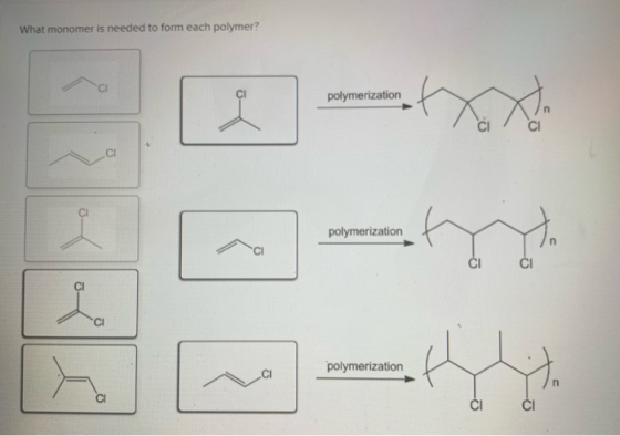 What monomer is needed to form each polymer? polymerization Cl Cl Cl polymerization Cl CI Cl a polymerization CI Cl Cl