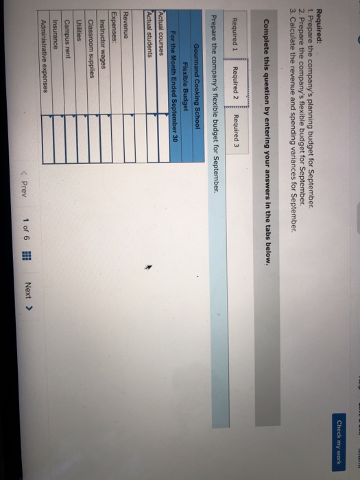 Check my work Required: 1. Prepare the companys planning budget for September. 2. Prepare the companys flexible budget for