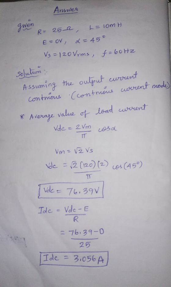 nswe wen Solutum Asswming the oulput ewrent 2 (120) (2 ces (45 76, 39-0 25 Ide = 3,056 A