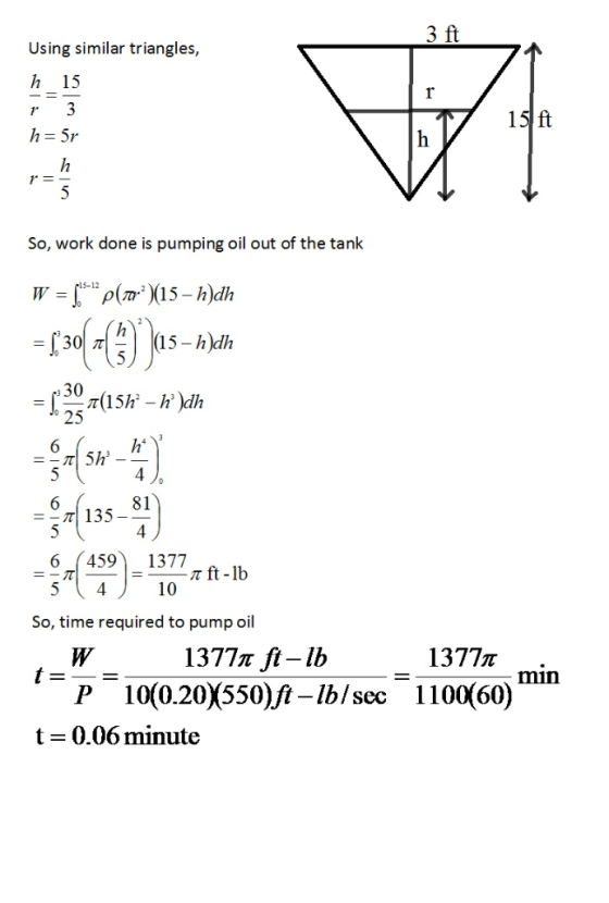 3 ft Using similar triangles, 15 -= 3 15 ft h 5r 1 = 5 So, work done is pumping oil out of the tank =p(m15-)dh 2-12 h |(15- h