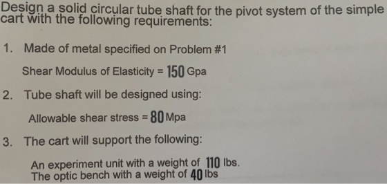 Design a solid circular tube shaft for the pivot system of the simple cart with the following requirements: 1. Made of metal