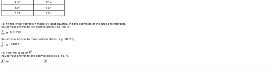 4.38 3.54 6.29 10.4 11.4 13.1 (a) Fit the linear regression model by least squares, find the estimates of the slope and inter