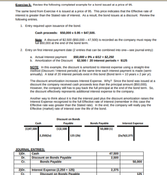 Exercise 5: Reviow the following completed example for a bond issued at a price of 95. The same bond from Exercise 4 is issue