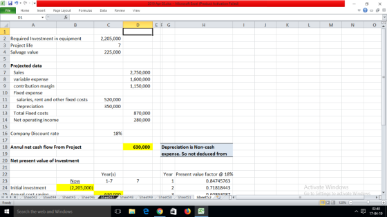 Home ert Page Layout Formulas Data Review V Di E F G 0 2 Required Investment in equipment 3 2,205,000 Project life 4 Salvage
