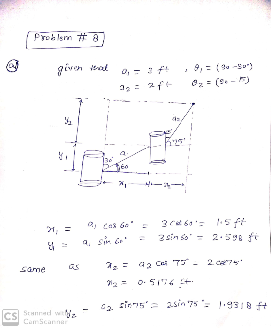 Problem # 8 cven tat 2. I5 75* 3sin 60.- 2.598 aS same 2sin 75 .93 1 8 ft CSI Scanned WtVz- CamScanner