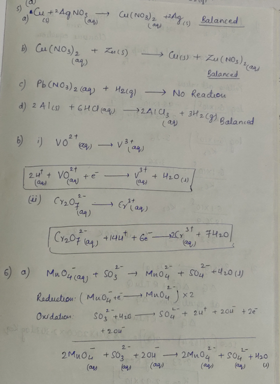 a) 42Ag(s) Balanced a) Cs) b) Cee (NO3)2 + u ( s) -→ Cu(s) + Zu(NO3 )2 s) pb (N03) 2 (aa) + H2(g)-> No Reactou 2 (a4) Balance